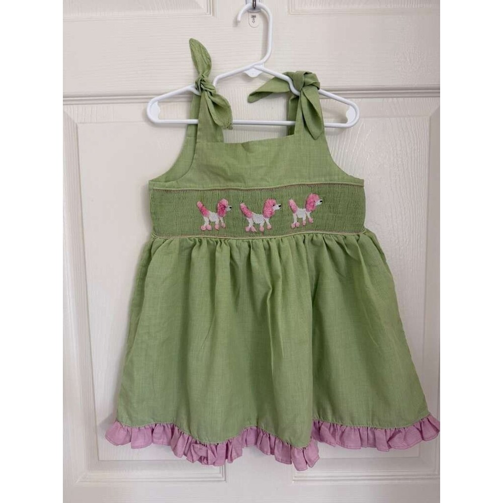 Mom & Me Girls Green Smocked Poodle Dress Size 5 Pink Ruffle Tie Shoulder